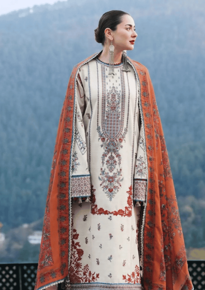 Hussain Rehar Embroidered Khaddar Suits Unstitched 3 Piece AT03 Almas - Winter Collection - Image 3