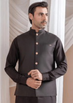 Muraqsh Dark Brown Kurta Shalwar with Suiting Waistcoat Straight Cut
