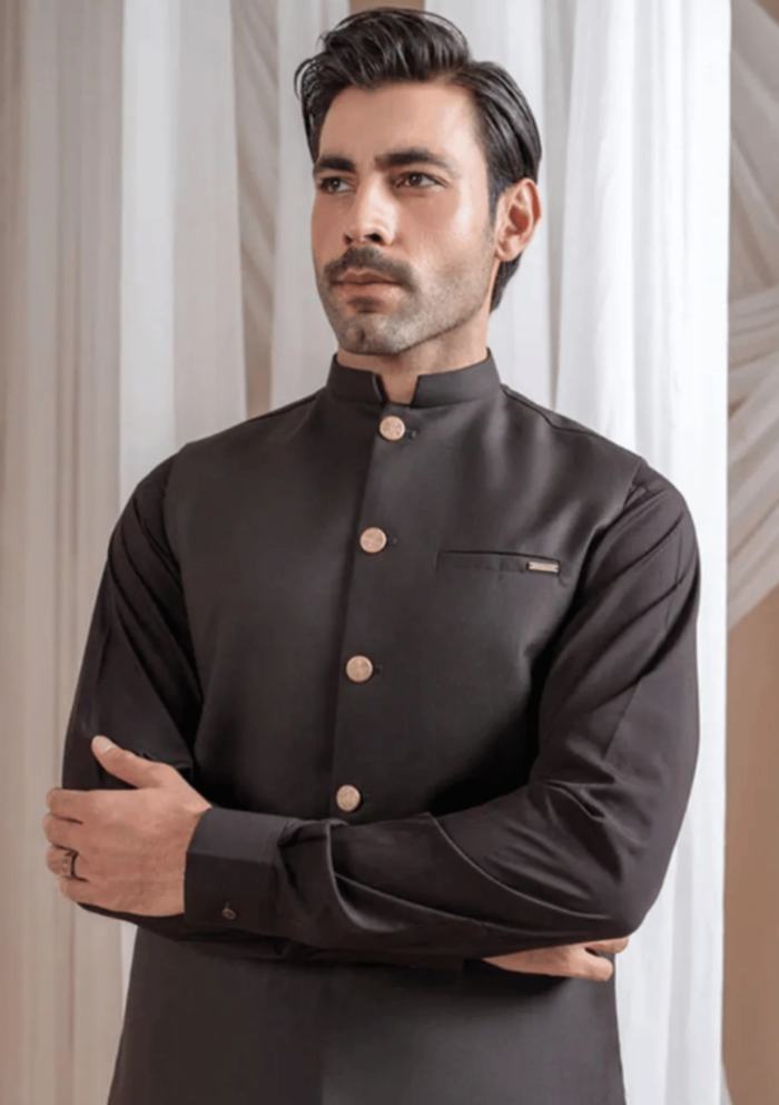 Muraqsh Dark Brown Kurta Shalwar with Suiting Waistcoat Straight Cut - Image 3