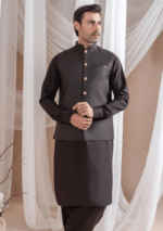 Muraqsh Dark Brown Kurta Shalwar with Suiting Waistcoat Straight Cut - Image 2